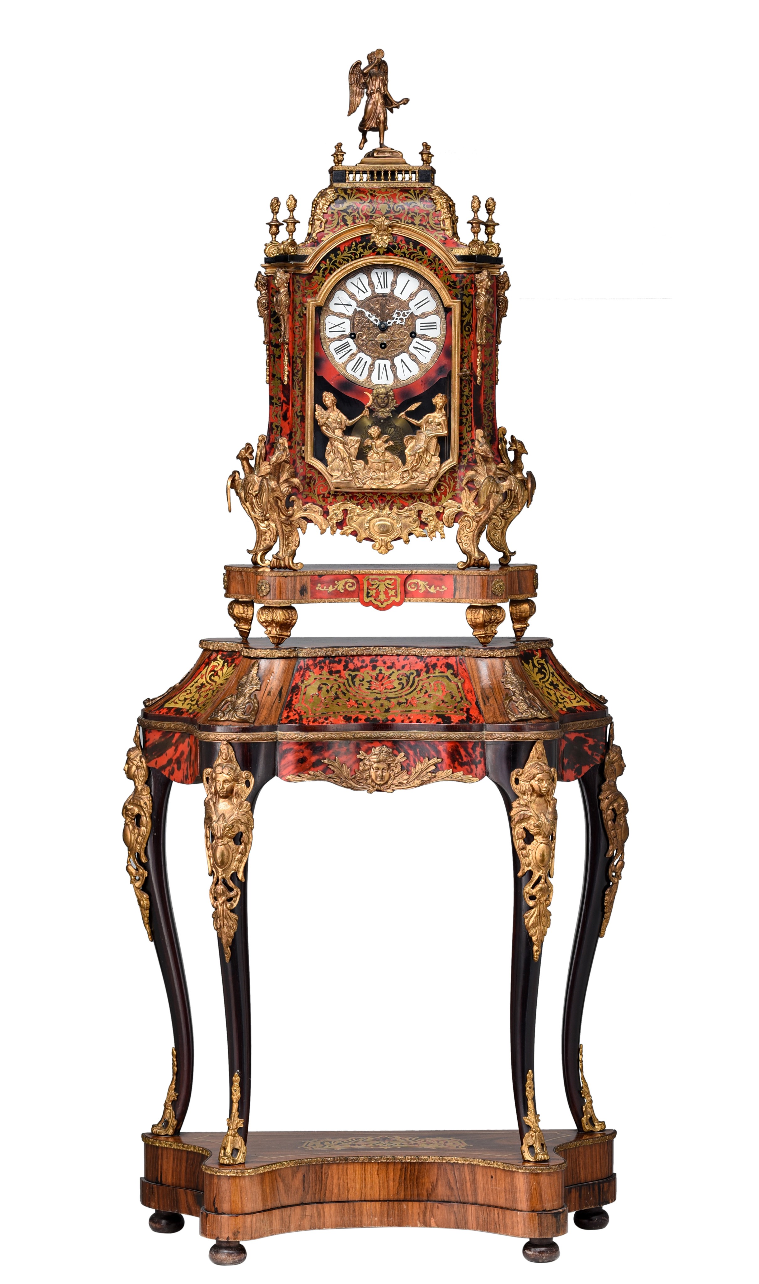 An imposing Baroque style Boulle cartel clock on stand, with gilt bronze mounts, H 184 cm