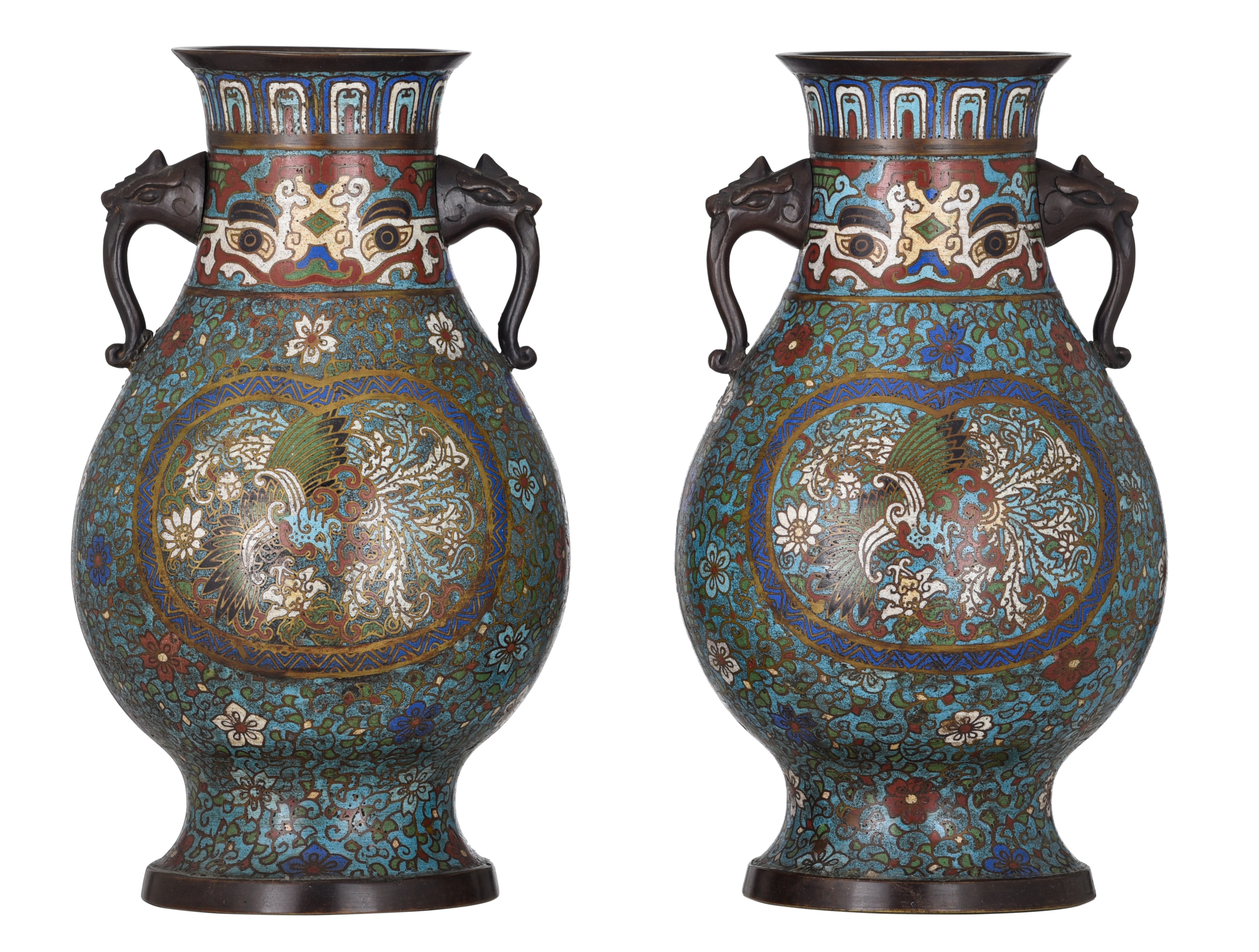 A pair of Japanese champleve bronze vases, 19thC/20thC, H 36 cm