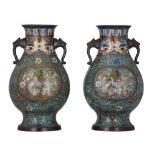 A pair of Japanese champleve bronze vases, 19thC/20thC, H 36 cm