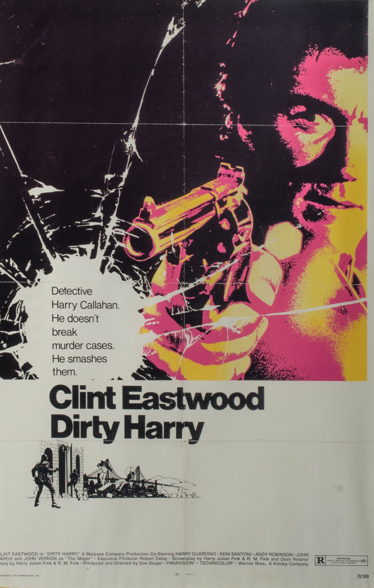 An original framed Dirty Harry movie poster, 1971, lithograph, No 71/349, 67 x 100 cm