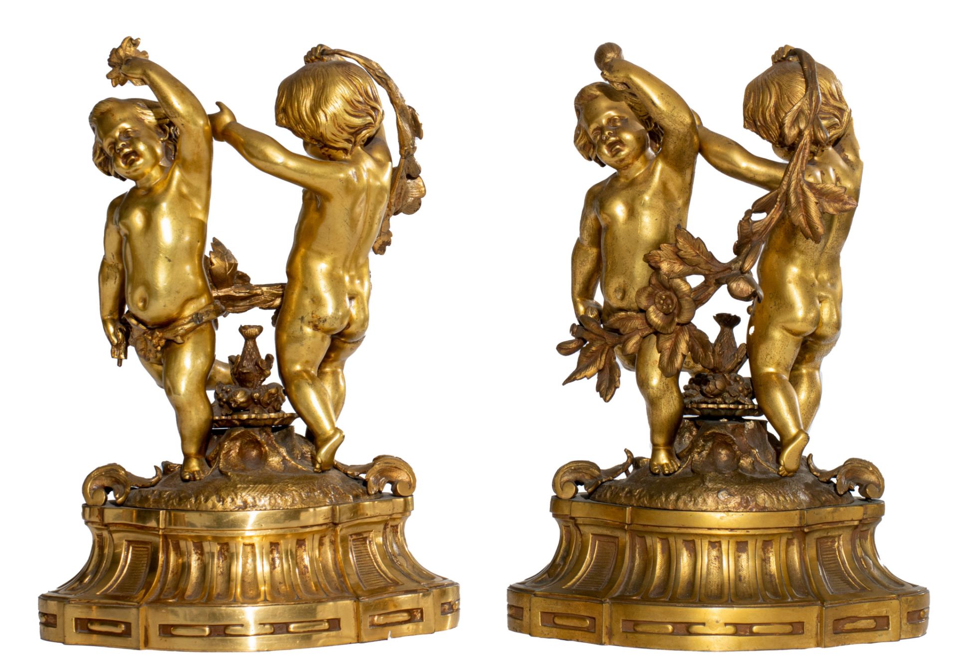 A pair of Neoclassical gilt bronze figural lamps on stands, and a matching pair of sculptures of put - Image 6 of 12