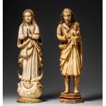 Two Indo-Portuguese ivory sculptures, gilt detailed, 18th/19th C (+)