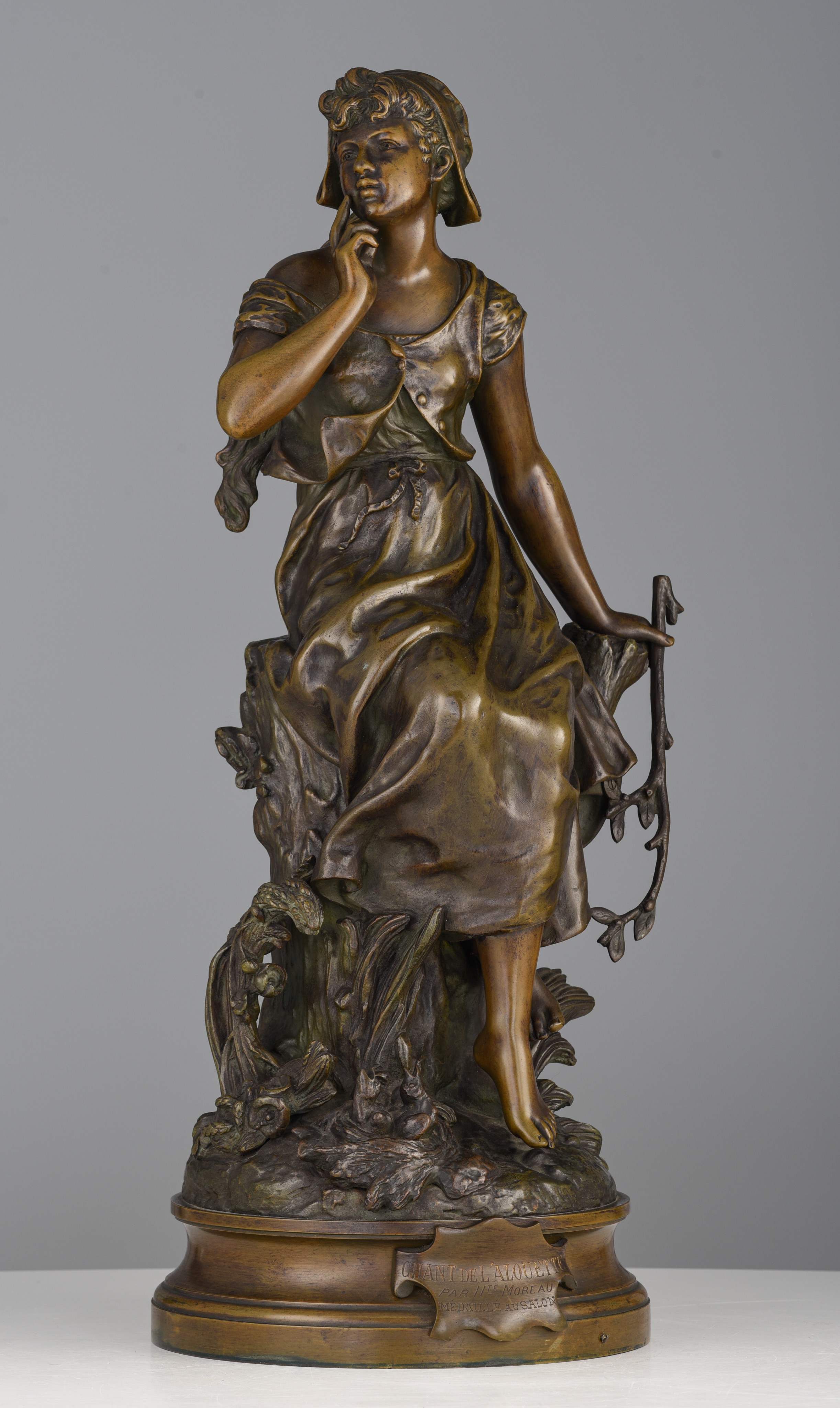 Hippolyte Francois Moreau (1832-1927), 'Chant de l'alouette', patinated bronze, H 58,5 cm - Image 2 of 9