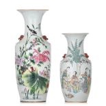 Two Chinese famille rose vases, with signed texts, both paired with Fu lion head handles, Republic p