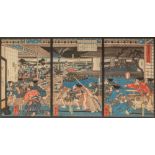 Triptych of Japanese woodblock prints format oban by Kuniyoshi, signed, depicting a historical battl