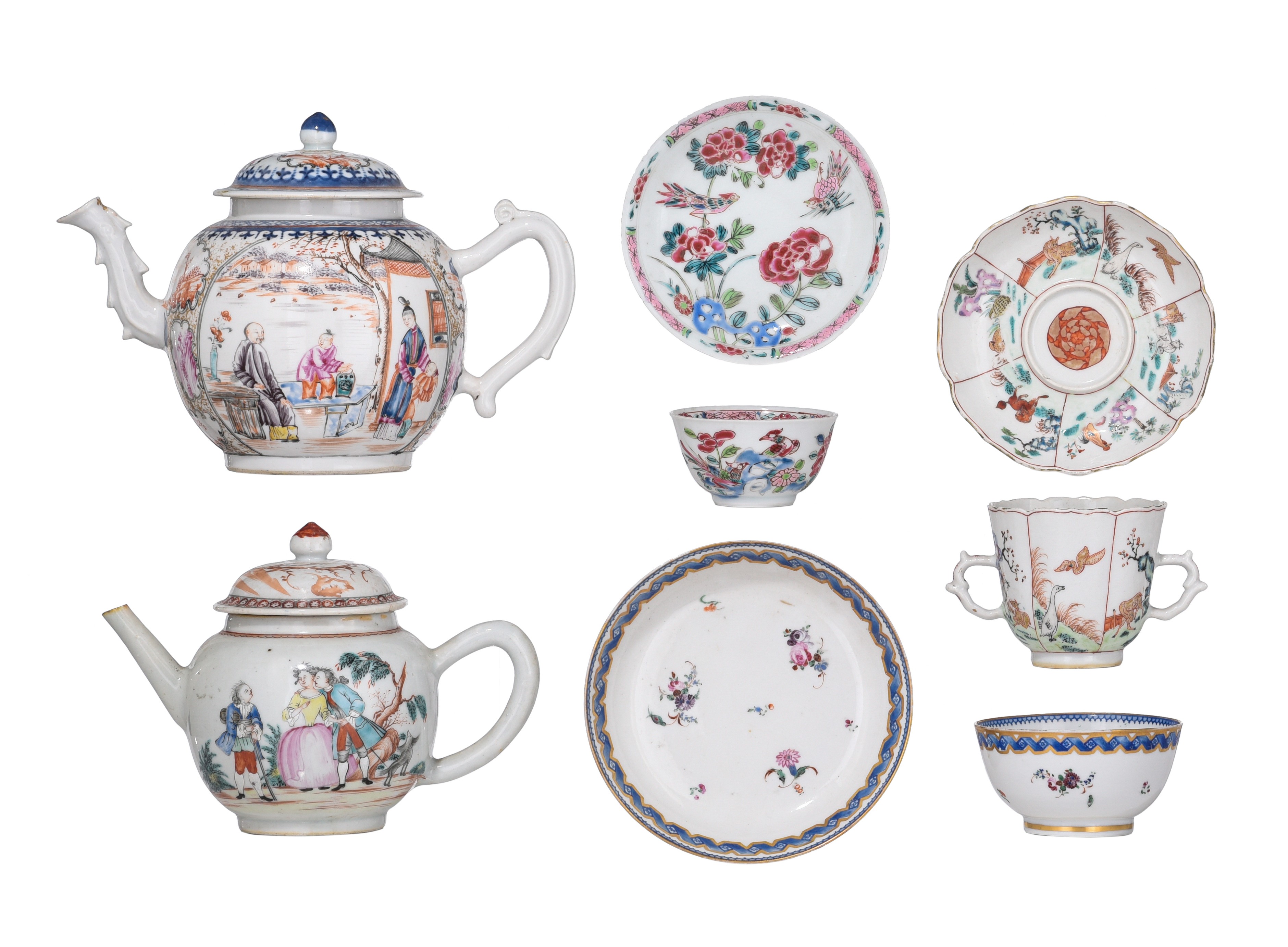 A collection of Chinese famille rose teaware, Yongzheng/Qianlong, Tallest H 15 - W 22,5 cm (8)