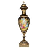 An imposing bleu royal ground Sevres type vase, 20thC, H 143 cm