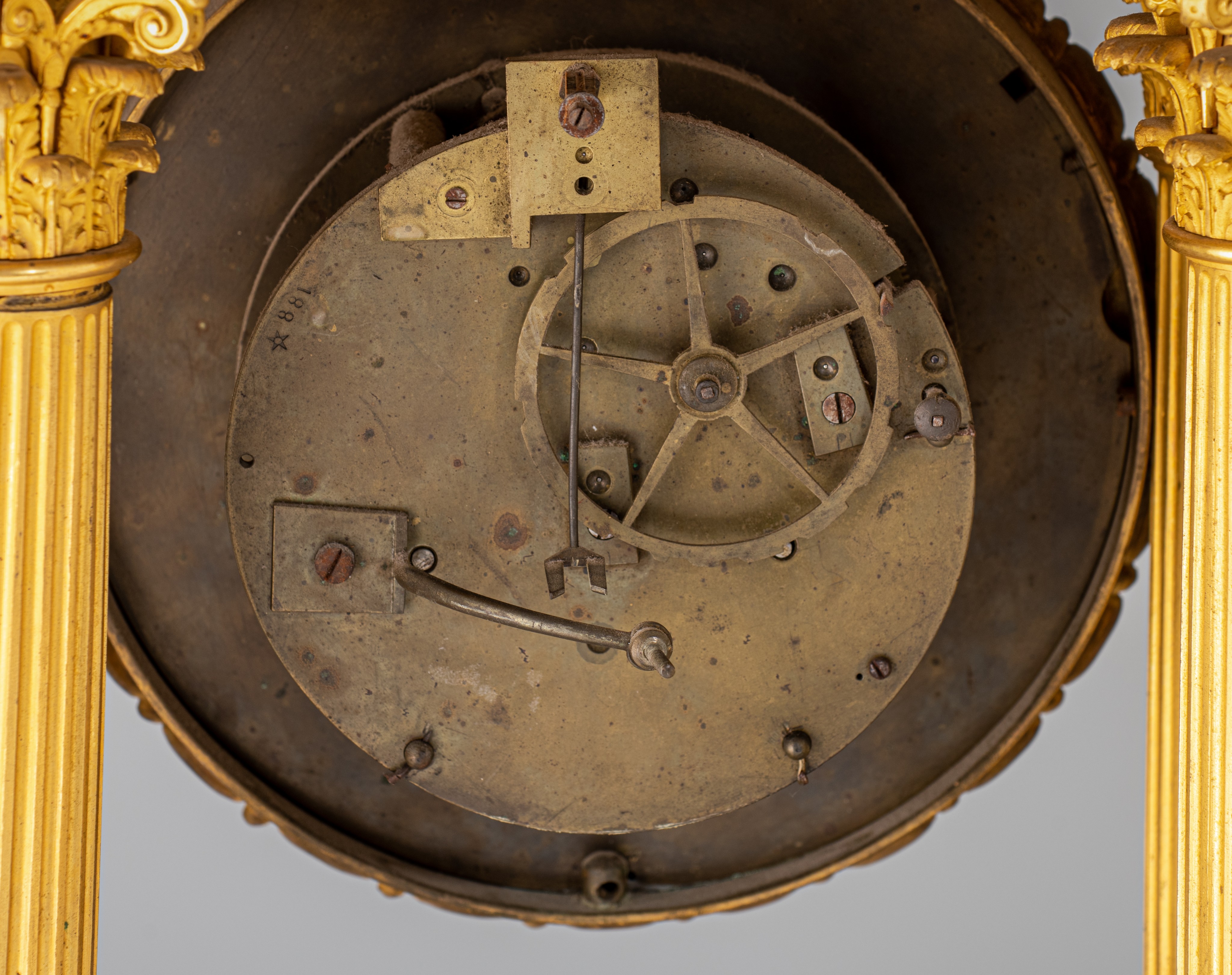 A Neoclassical gilt bronze portico clock, the enamelled dial signed 'Joseph Costa, a Paris', 19thC, - Image 7 of 9