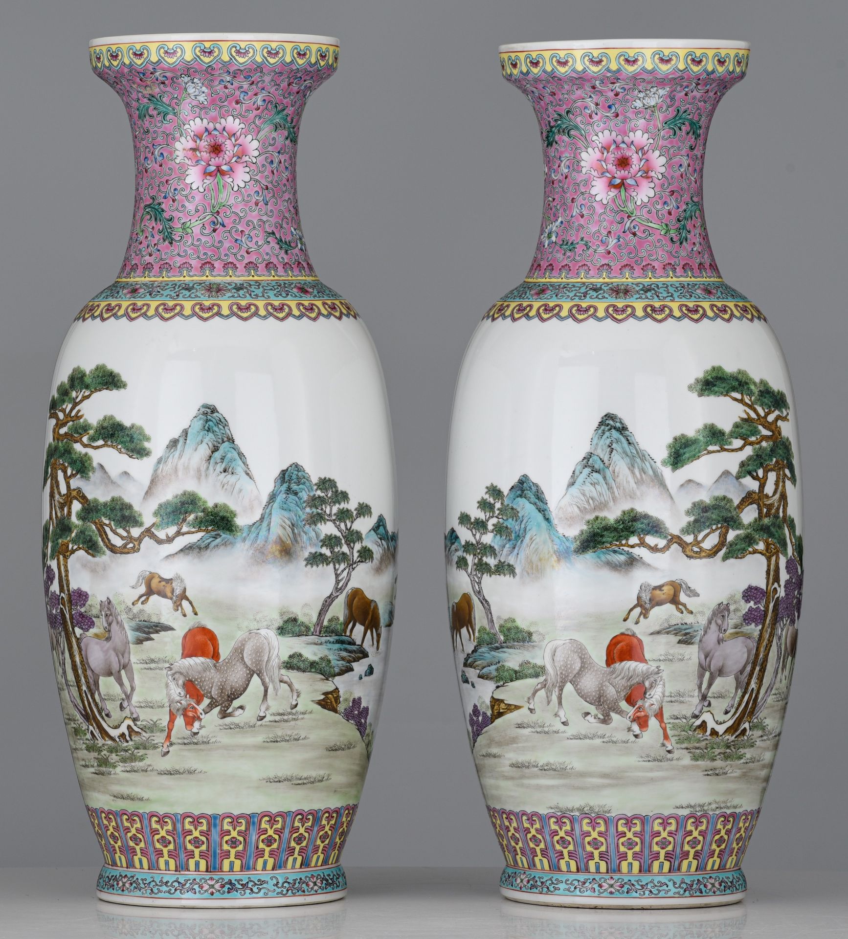 A pair of Chinese famille rose 'The Eight Horses of Wang Mu' vases, the back with a signed text, 20t - Image 2 of 7