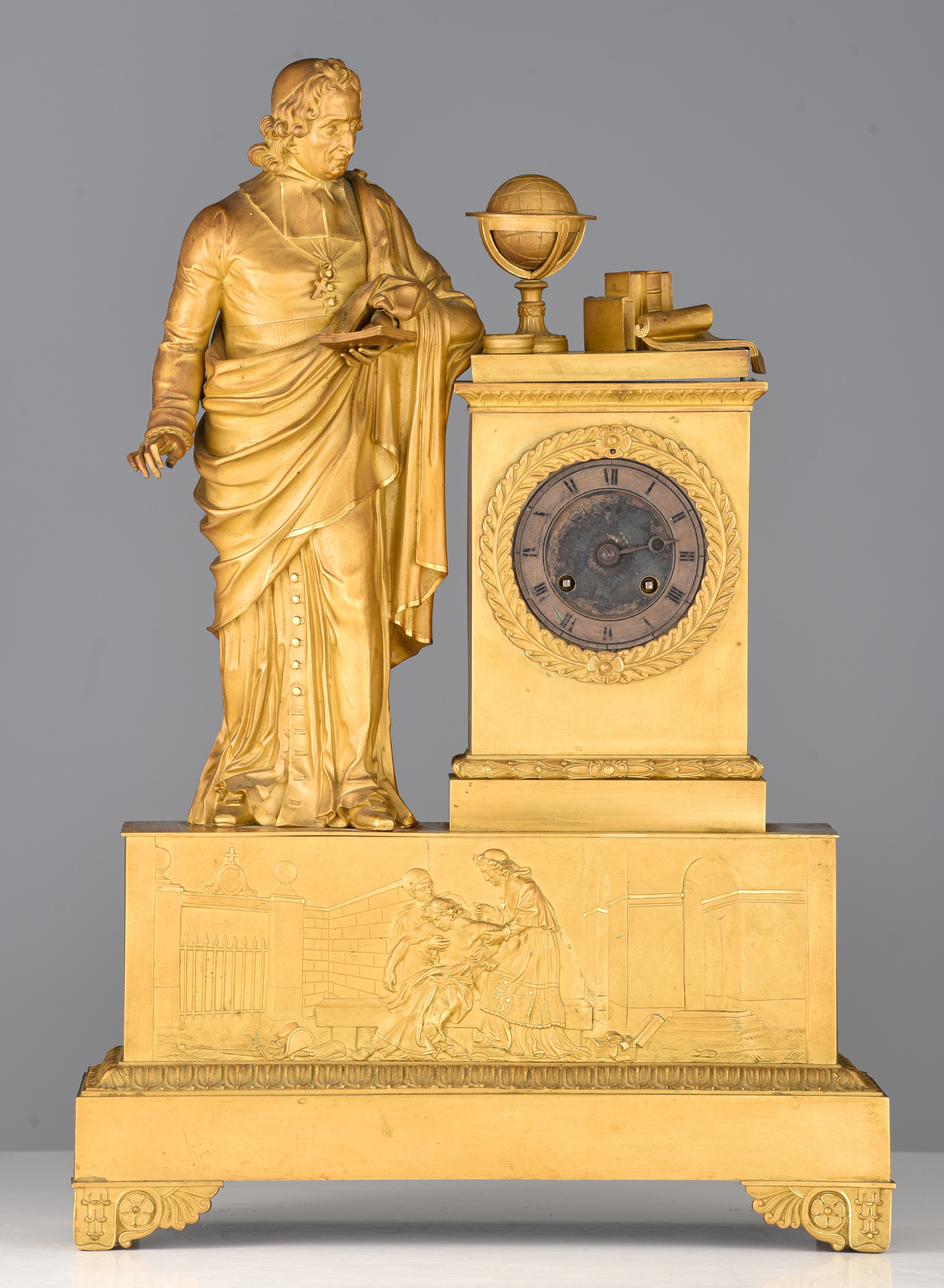 A gilt-bronze Charles X mantle clock, with a scholar on top, H 52 cm - Image 2 of 11