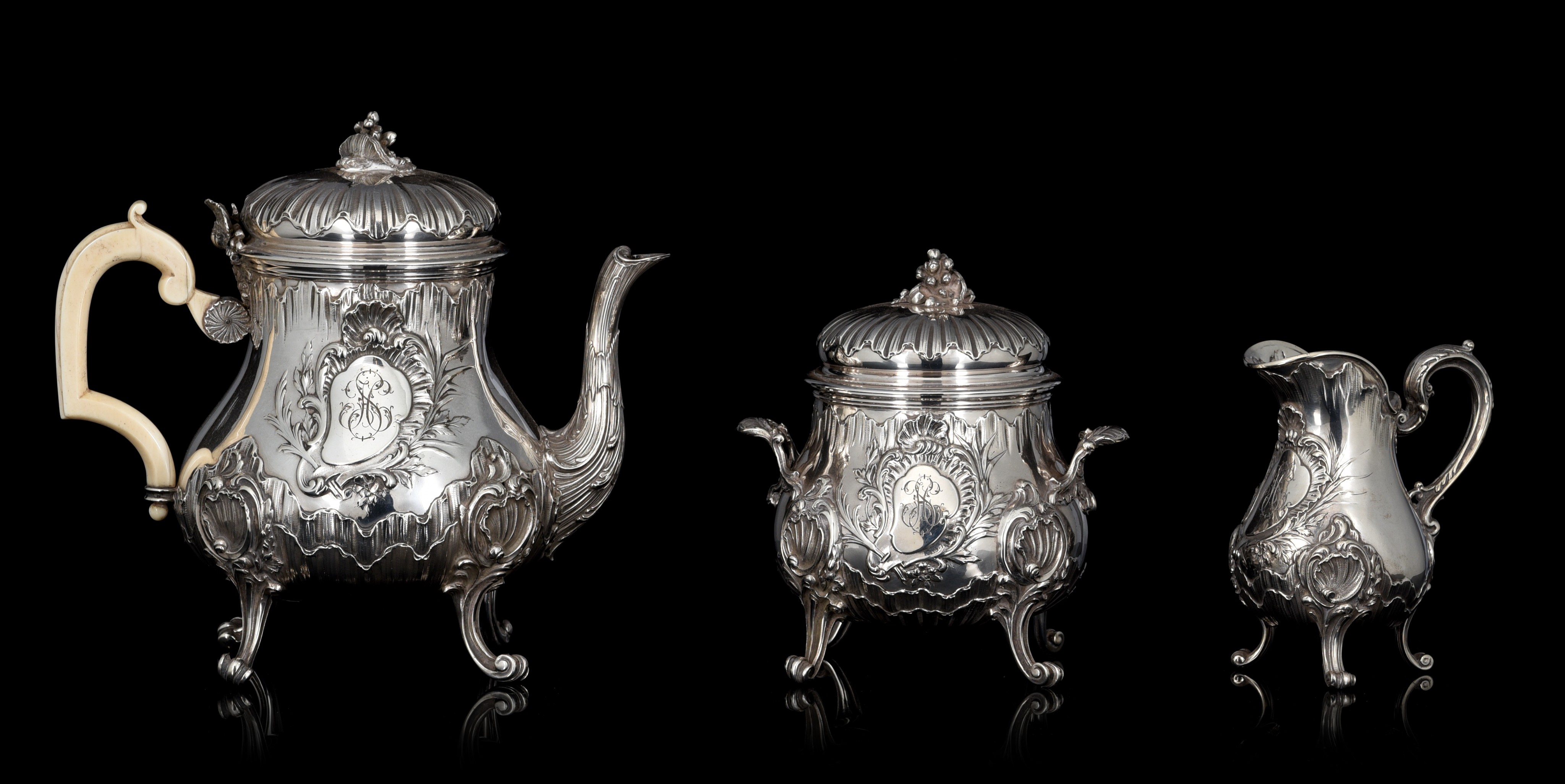 A French three-part silver Rococo Revival coffee set, 950/000, H 13,5 - 22,5 cm, c 1980 g