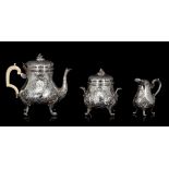A French three-part silver Rococo Revival coffee set, 950/000, H 13,5 - 22,5 cm, c 1980 g
