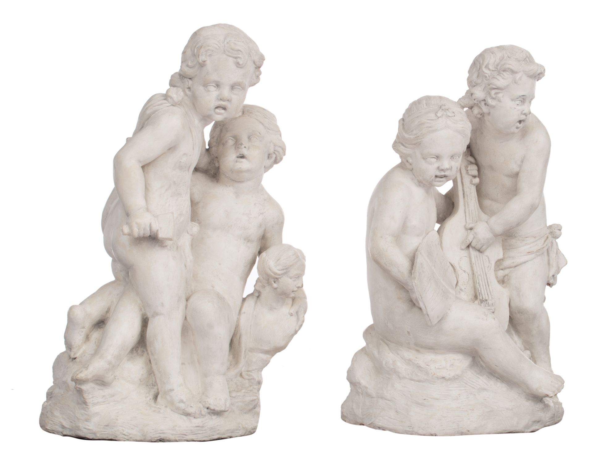 Two white painted terracotta sculptures, depicting an allegory on music and sculpture, 18thC, H 85 - - Image 2 of 11