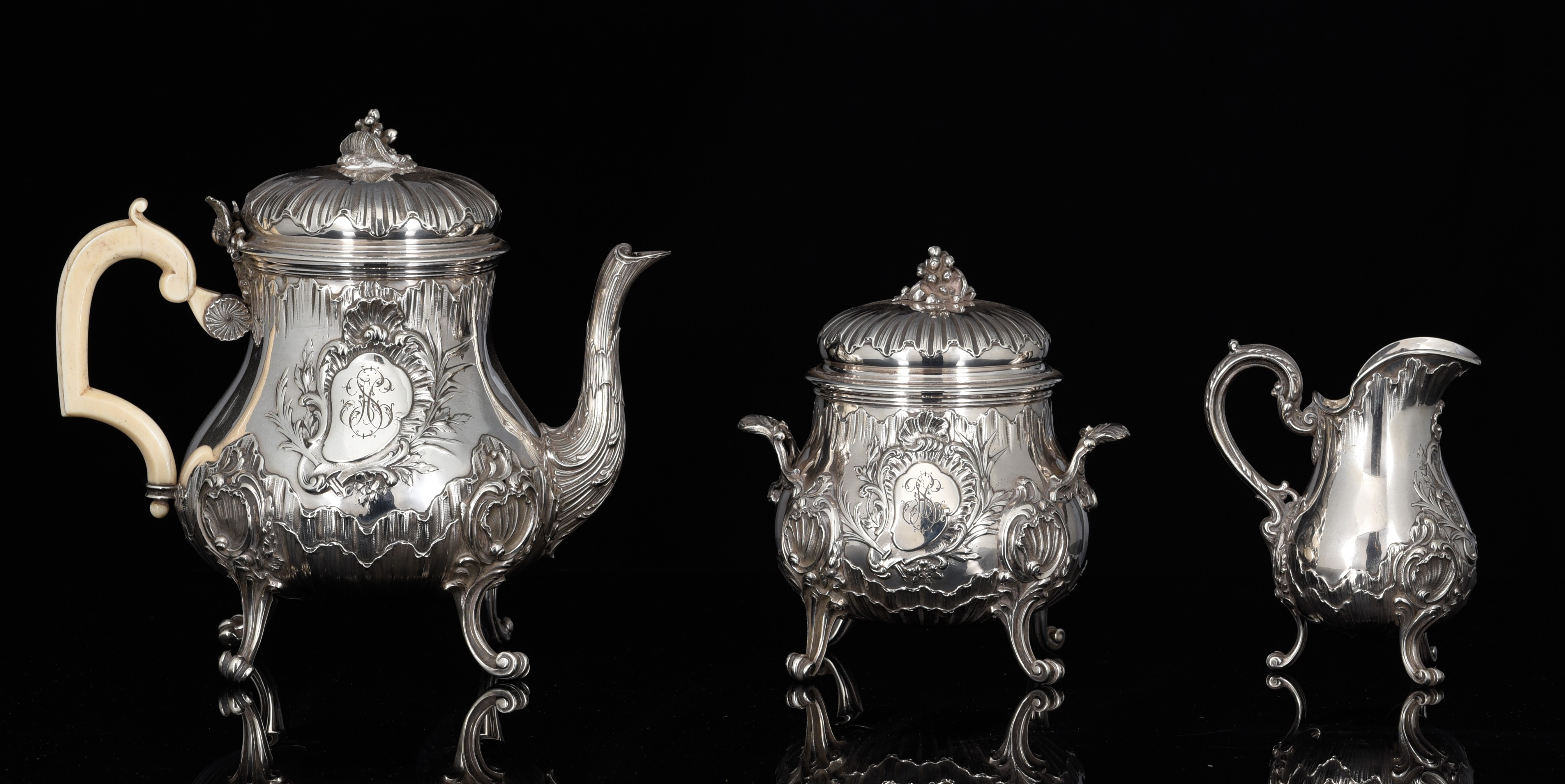 A French three-part silver Rococo Revival coffee set, 950/000, H 13,5 - 22,5 cm, c 1980 g - Image 2 of 7