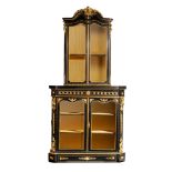 A large Napoleon III two-piece ebonised display cabinet, with gilt bronze mounts, H 237 - W 118 - D