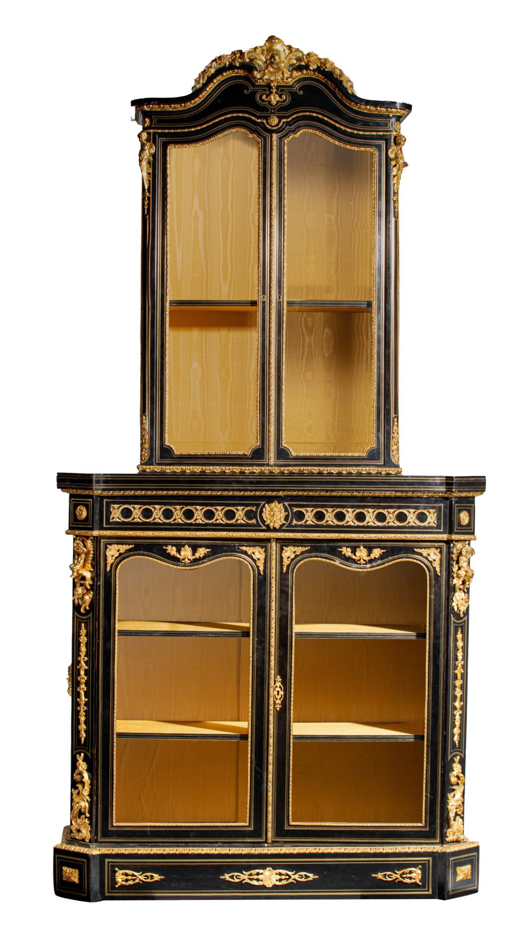 A large Napoleon III two-piece ebonised display cabinet, with gilt bronze mounts, H 237 - W 118 - D