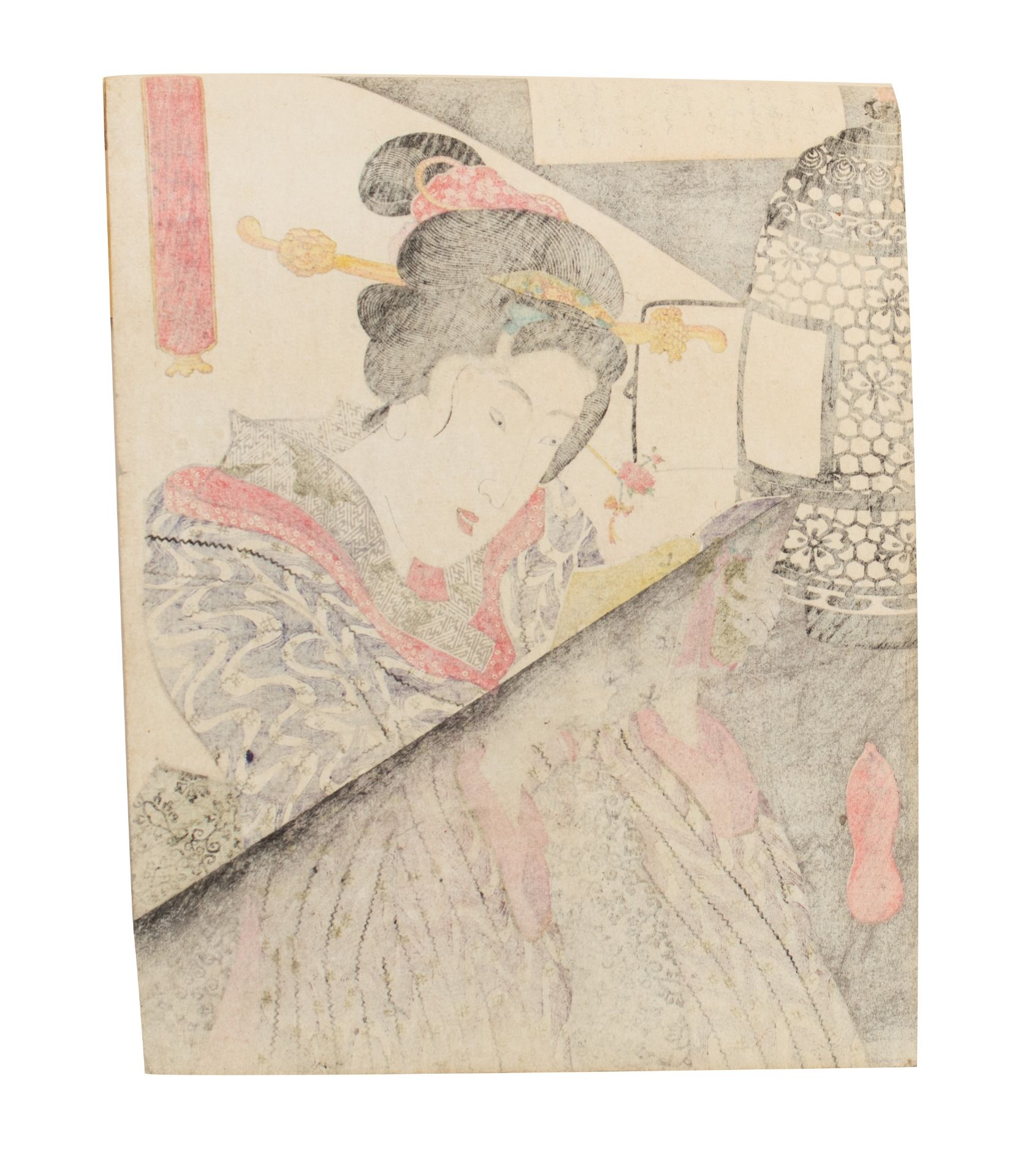 Two Japanese woodblock prints by Toyokuni III, the first one a portrait of a courtesan, ca. 1862, th - Image 7 of 9