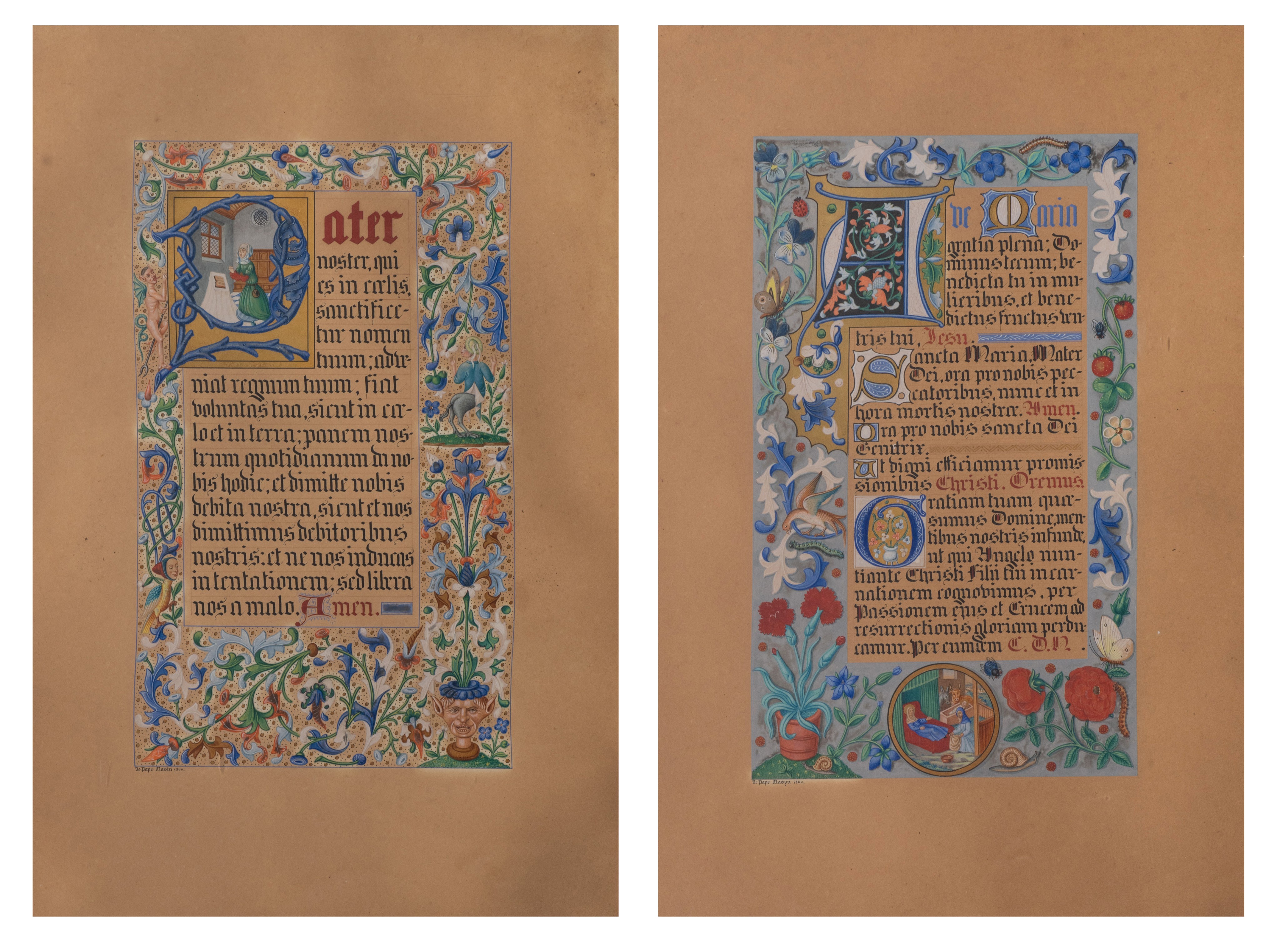 A pair of folios of Gothic Revival illuminated manuscripts by De Pape Masyn, 1860, 15,5 x 25,5 cm