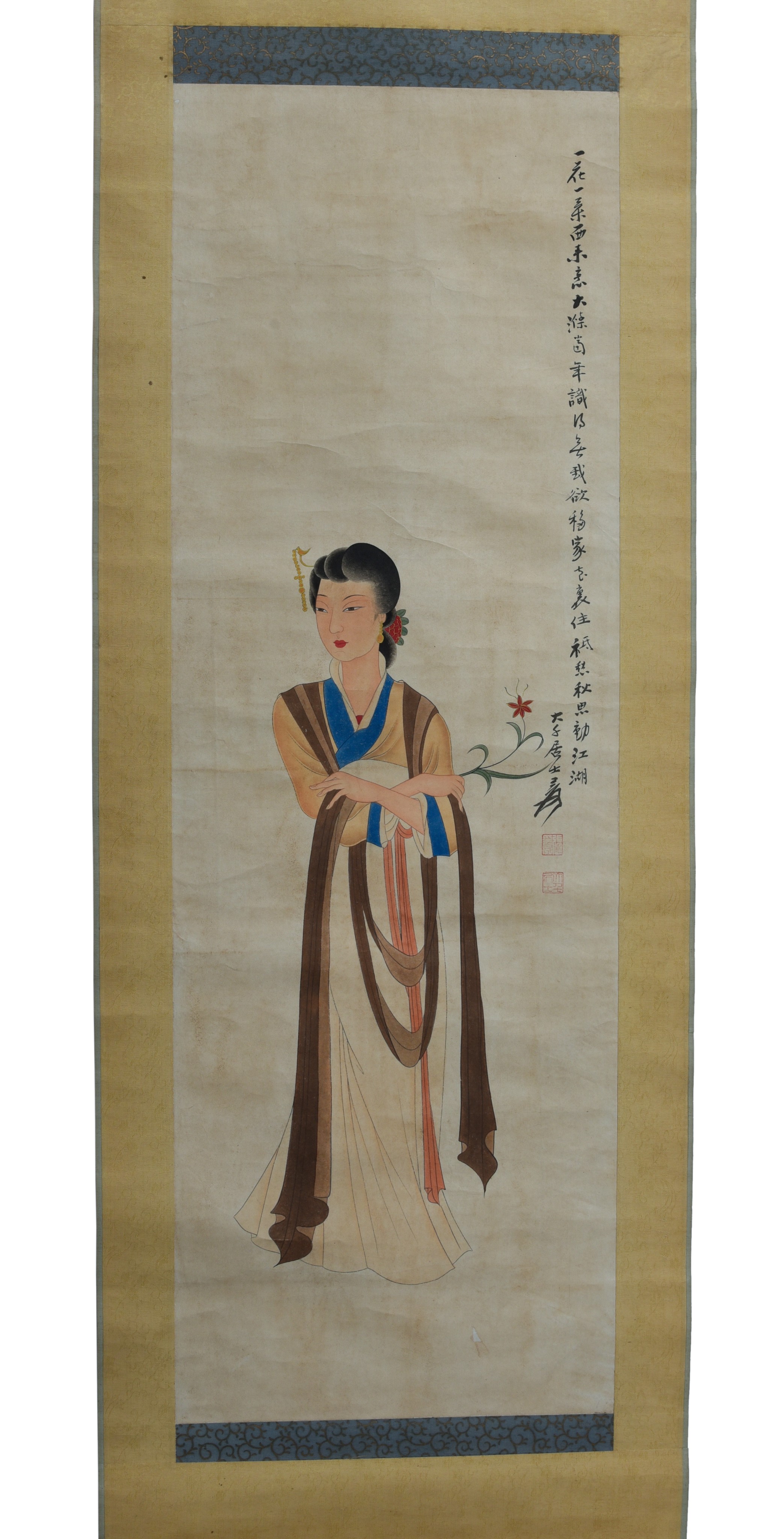 A Chinese scroll, 'Lady', watercolour on paper, signature reading Zhang Daqian, 106,5 x 35,5 cm - Bild 4 aus 6