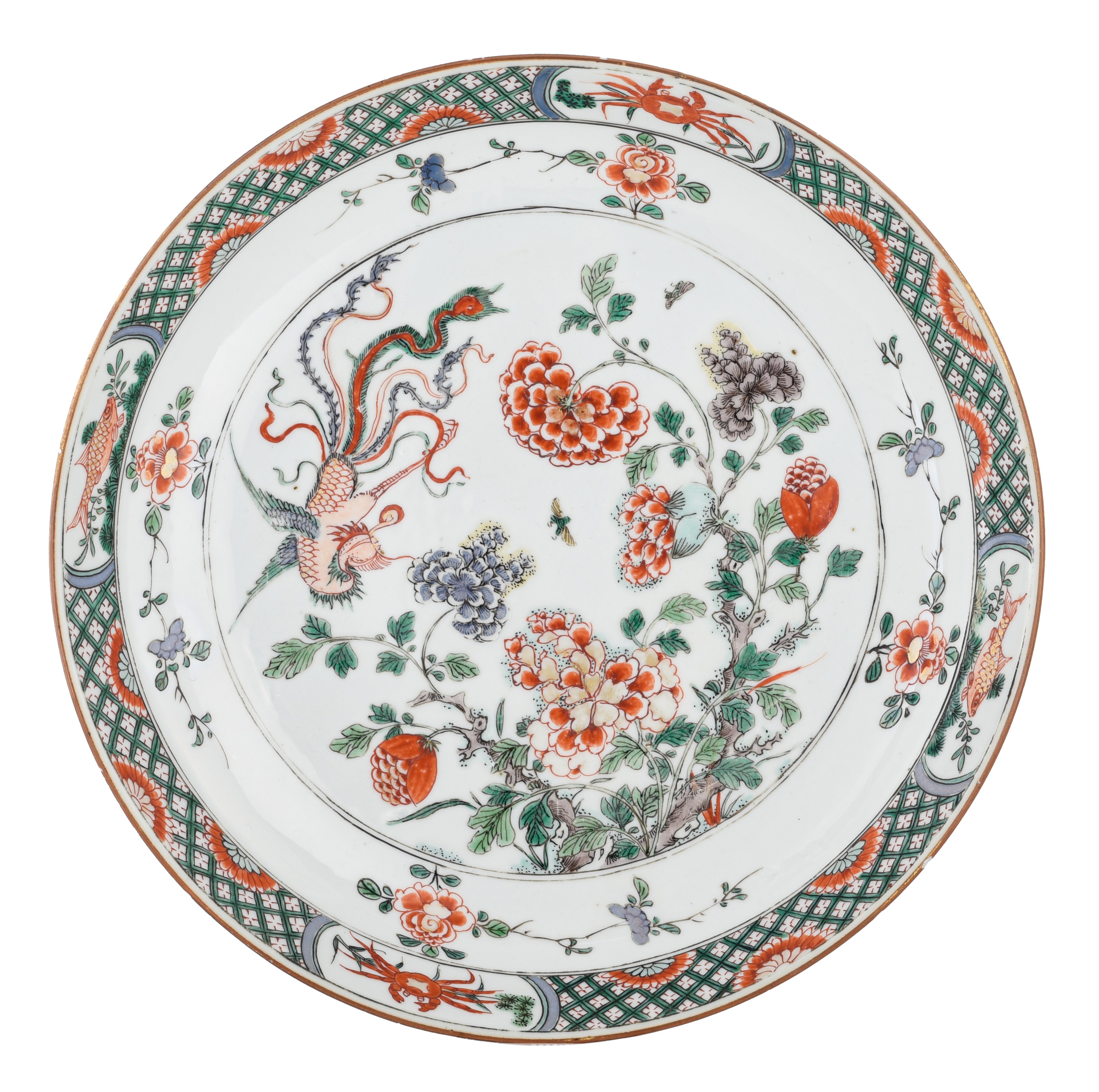 A Chinese famille verte 'Phoenix' plate, Kangxi period, dia. 31 cm