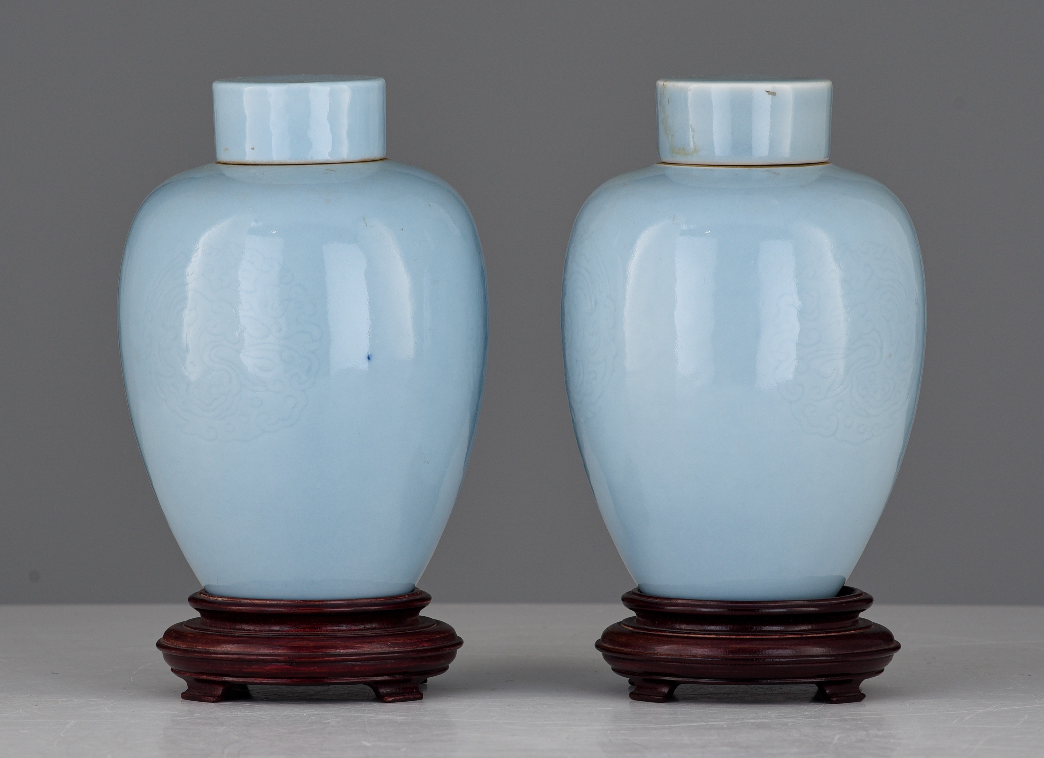 A series of two Chinese incised claire-de-lune glazed tea caddies and lids, with a Kangxi mark, H 17 - Image 3 of 7