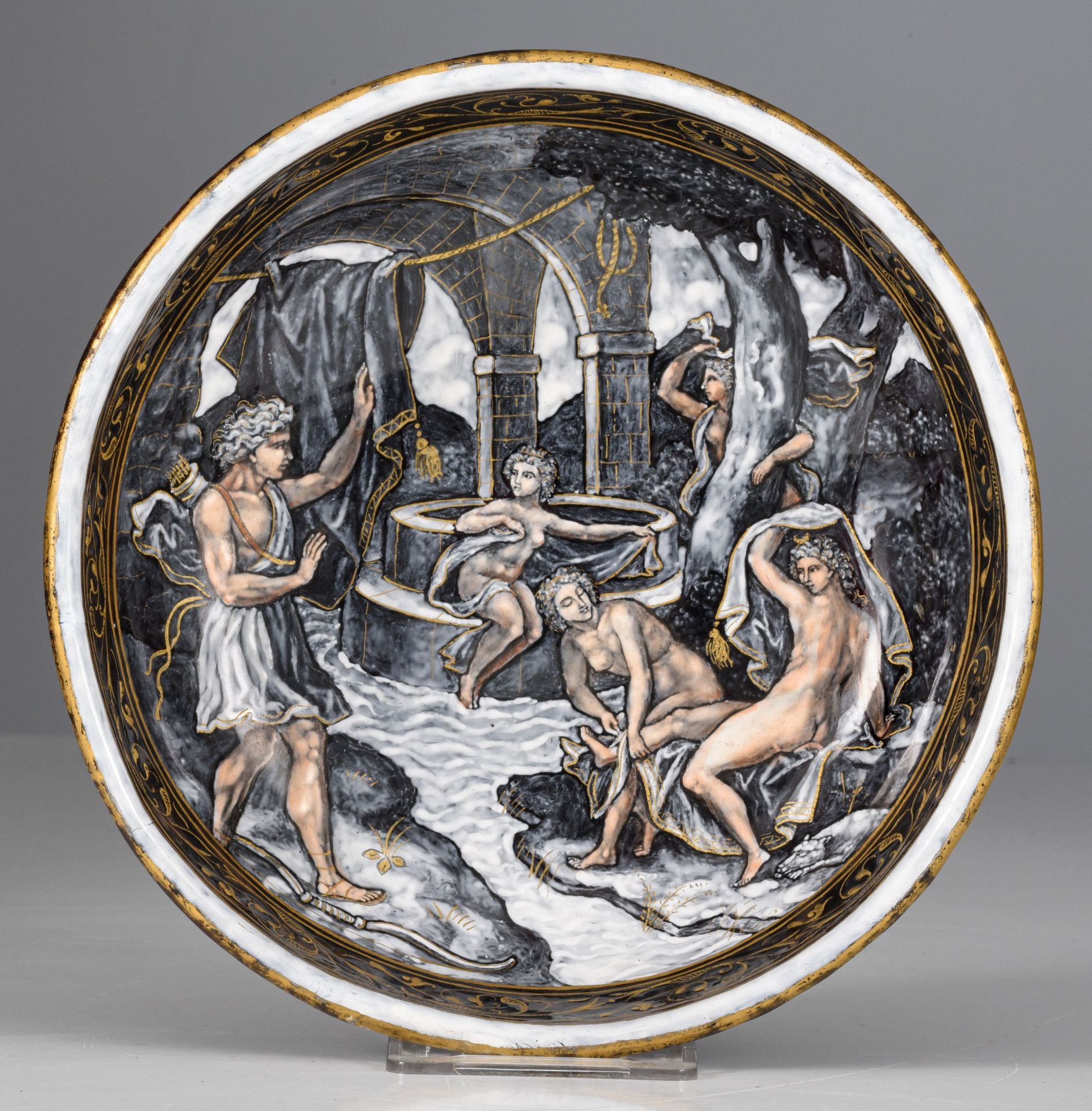 A Limoges enamel tazza with cover, depicting Diana, presumably 16thC, H 29 cm - Image 7 of 18