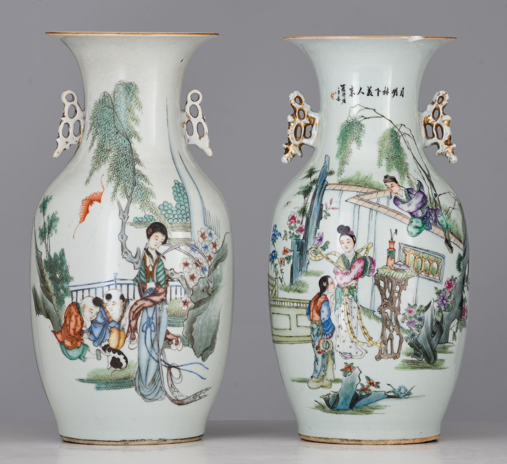 Two Chinese famille rose vases, each with a signed text, Republic period, H 41,5 cm - added a pair o - Image 2 of 14