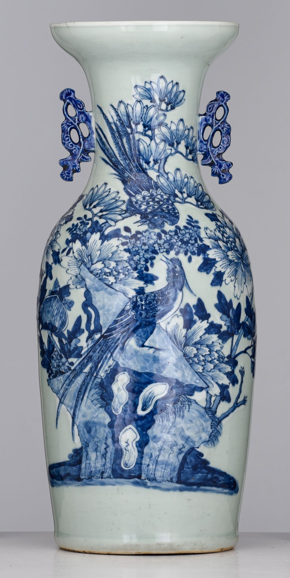 A pair of Chinese Nanking famille rose on crackle-glazed vases, 19thC, H 61 cm - added a blue and wh - Image 9 of 14