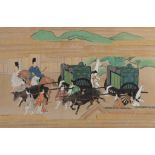 A Japanese painting, paper glued to a cardboard support, depicting a travelling company, Edo/Meiji p