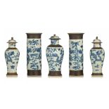 A Chinese Nanking blue and white on crackle-glazed assembled five-piece garniture, 19thC, tallest H