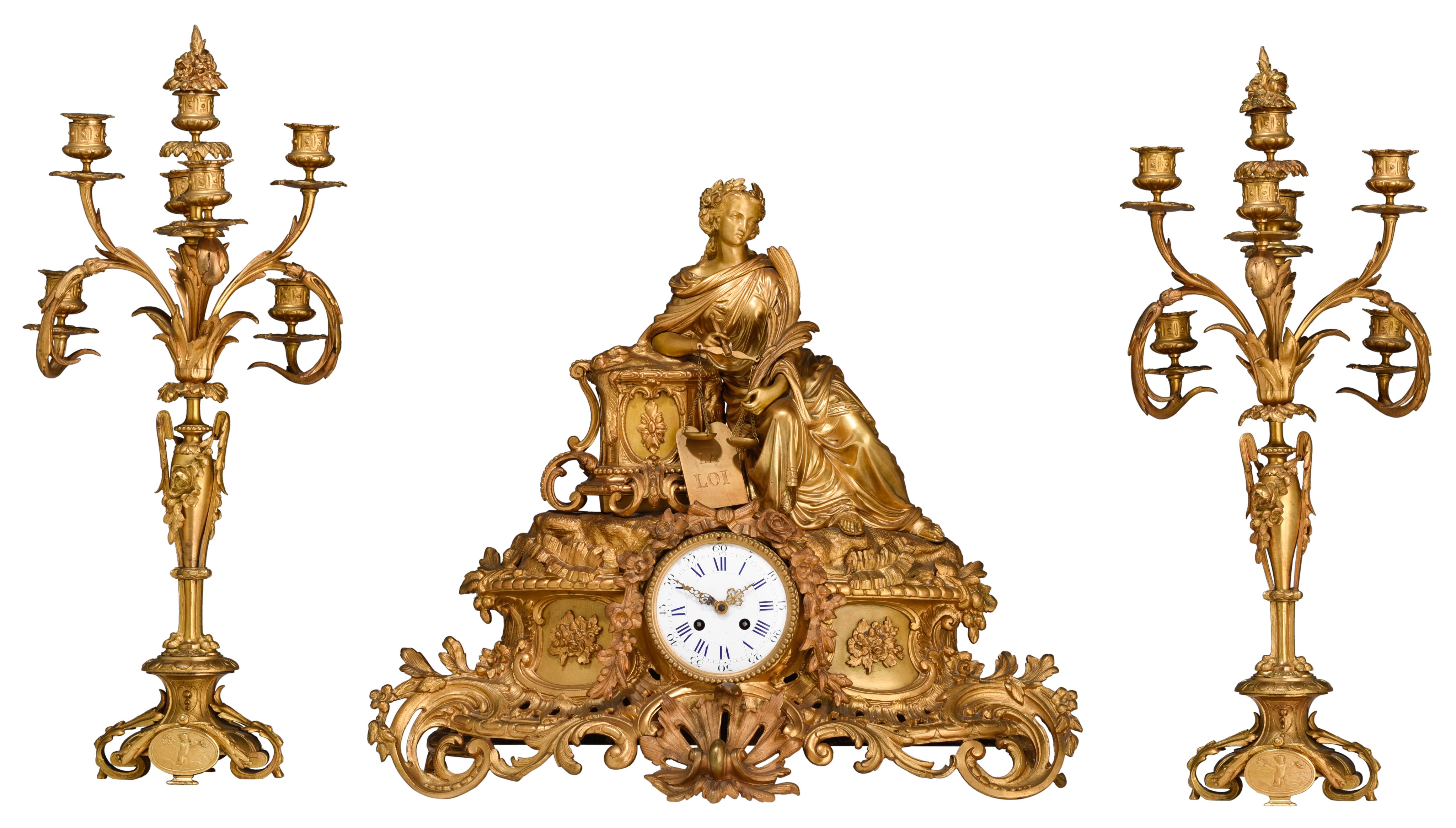 A Napoleon III gilt bronze three-piece mantle clock, with on top Lady Justice, late 19thC, H 51,5 -