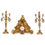 A Napoleon III gilt bronze three-piece mantle clock, with on top Lady Justice, late 19thC, H 51,5 -
