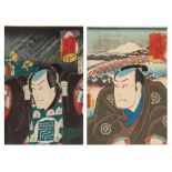 Two Japanese woodblock prints by Toyokuni, one of a portrait of an actor with a bridge in the backgr