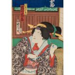 A Japanese woodblock print by Kunishika, depicting an actor playing a female role in a kabuki theatr