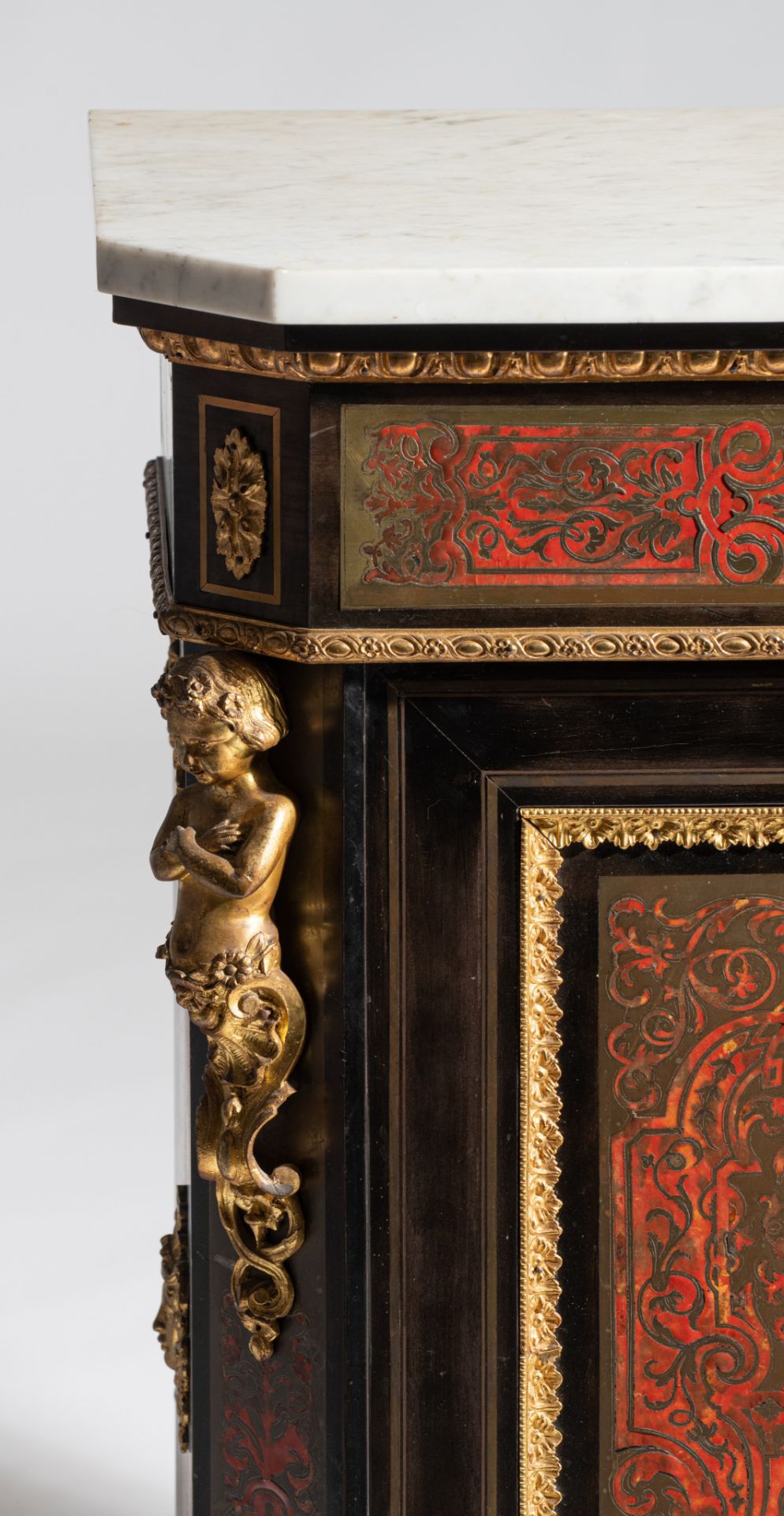 A Napoleon III Boulle work 'meuble d'appui', with gilt bronze mounts and Carrara marble top, H 104 - - Image 12 of 13