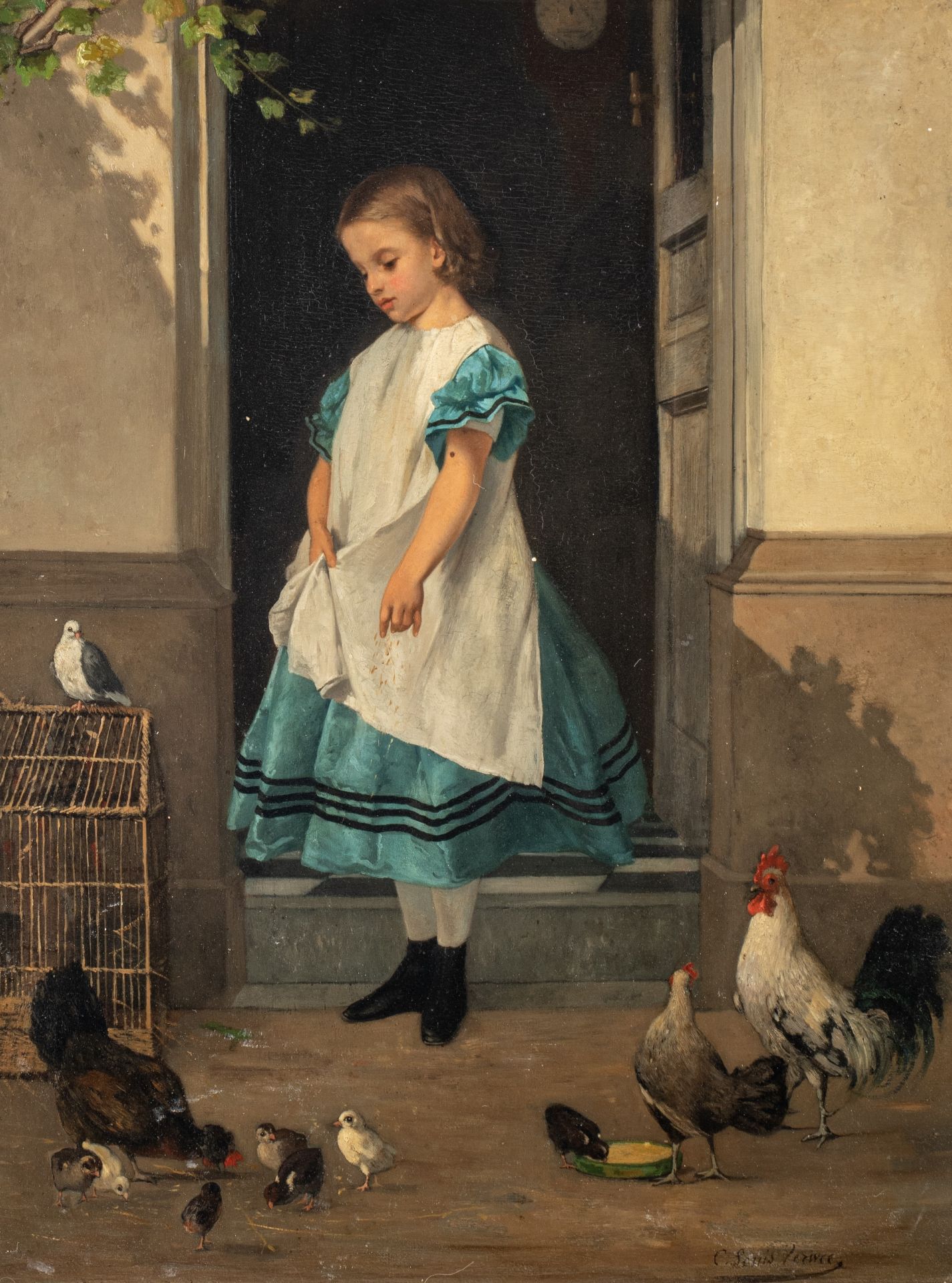 Louis Charles Verwee (1832-1882), girl with birds, oil on mahogany, 44 x 58,5 cm