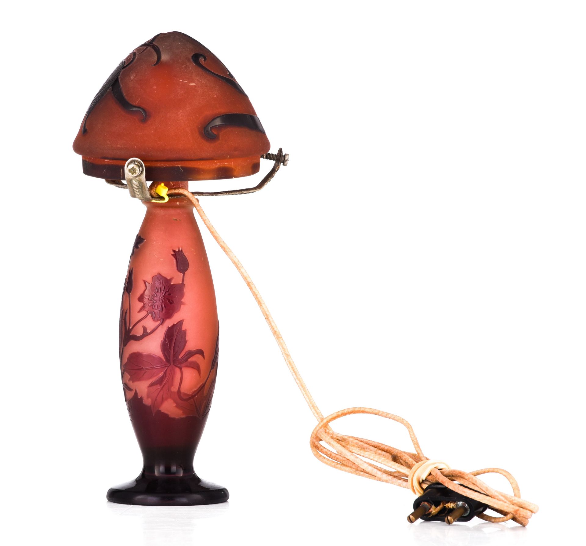 Emile Galle (1846-1904), a glass paste Art Nouveau floral table lamp, H 22 cm - Image 3 of 10