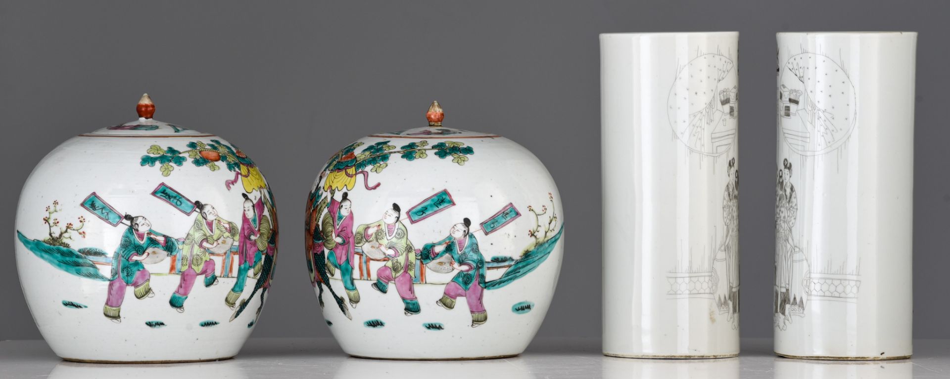 A collection of Chinese ginger jars, a water bowl and cylindrical vases, 19thC/Republic period, H 28 - Image 12 of 16
