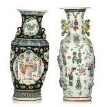 A Chinese famille noire-rose hexagonal vase, 19thC, H 59,5 cm - and a famille rose 'One Hundred Trea