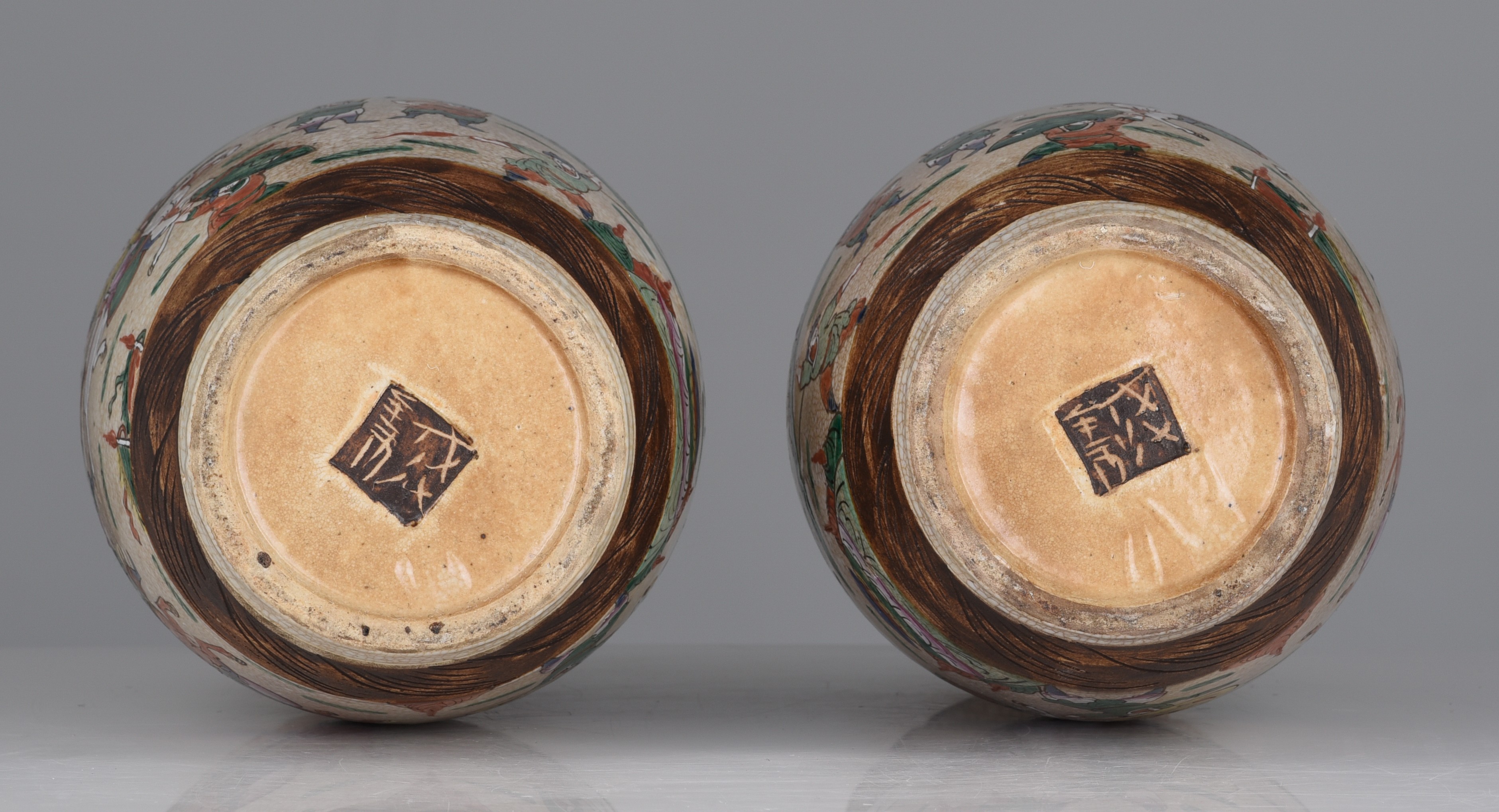 A pair of Chinese Nanking famille rose stoneware vases, 19thC, H 44 cm - Image 7 of 7