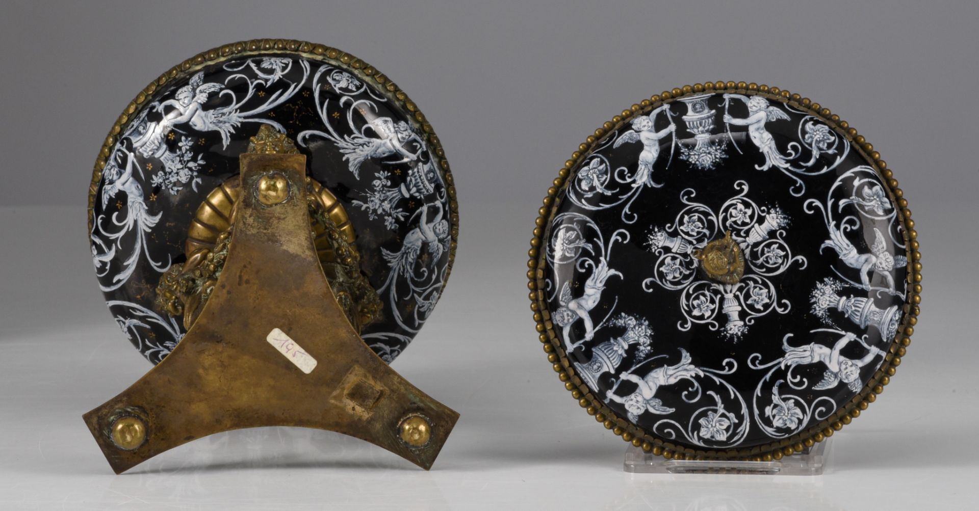 A Limoges enamel box with cover and a tazza with cover, Napoleon III period, H 8 - 23 cm - Image 14 of 16
