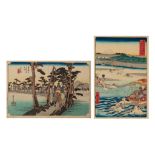 Two Japanese woodblock prints by Hiroshige, one from the series "53 stations on the Tokaido road", n