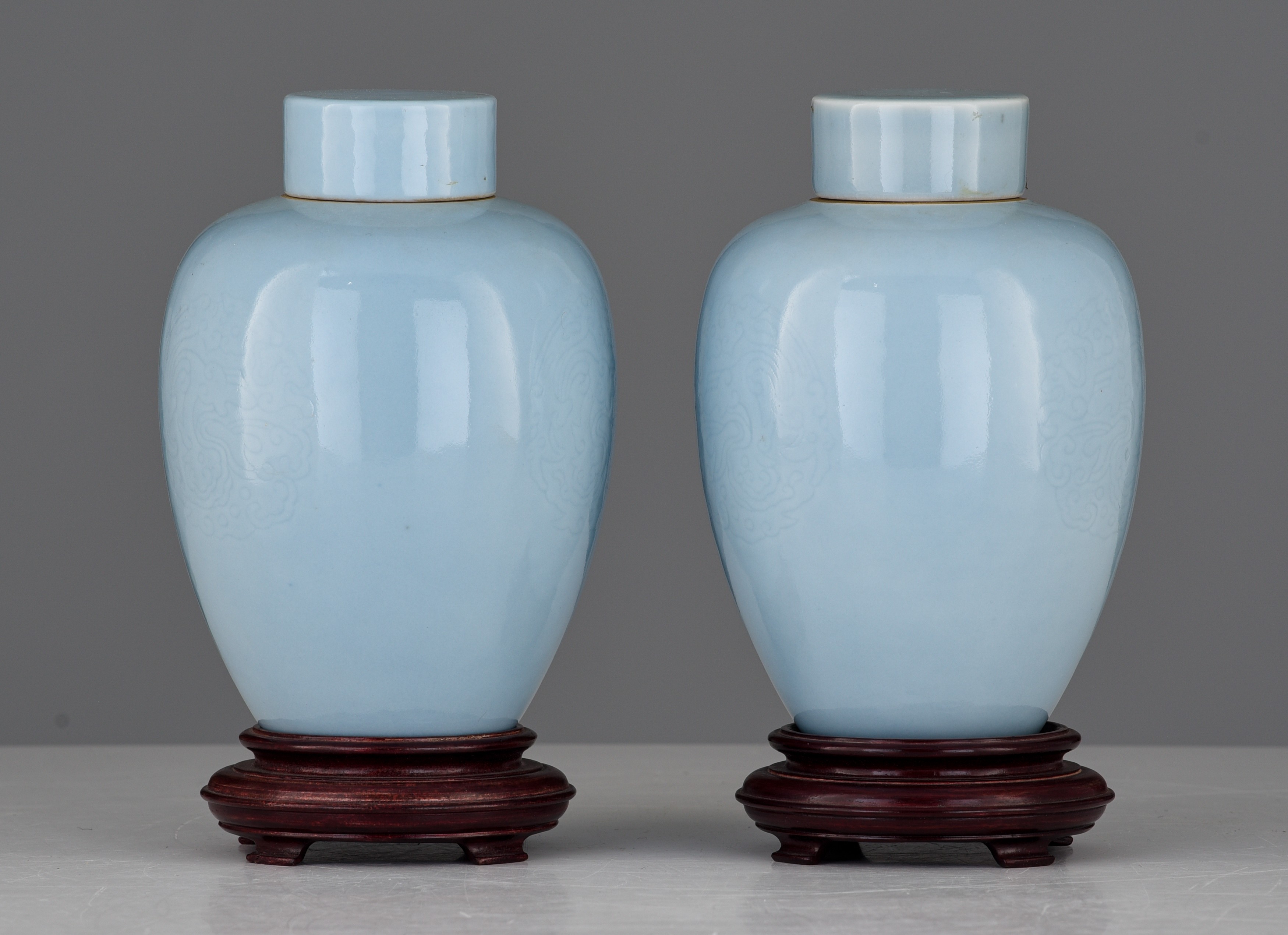 A series of two Chinese incised claire-de-lune glazed tea caddies and lids, with a Kangxi mark, H 17 - Image 4 of 7