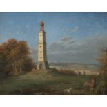 A panoramic view with a watchtower, first quarter of the 19thC, oil on canvas, 32 x 38 cm