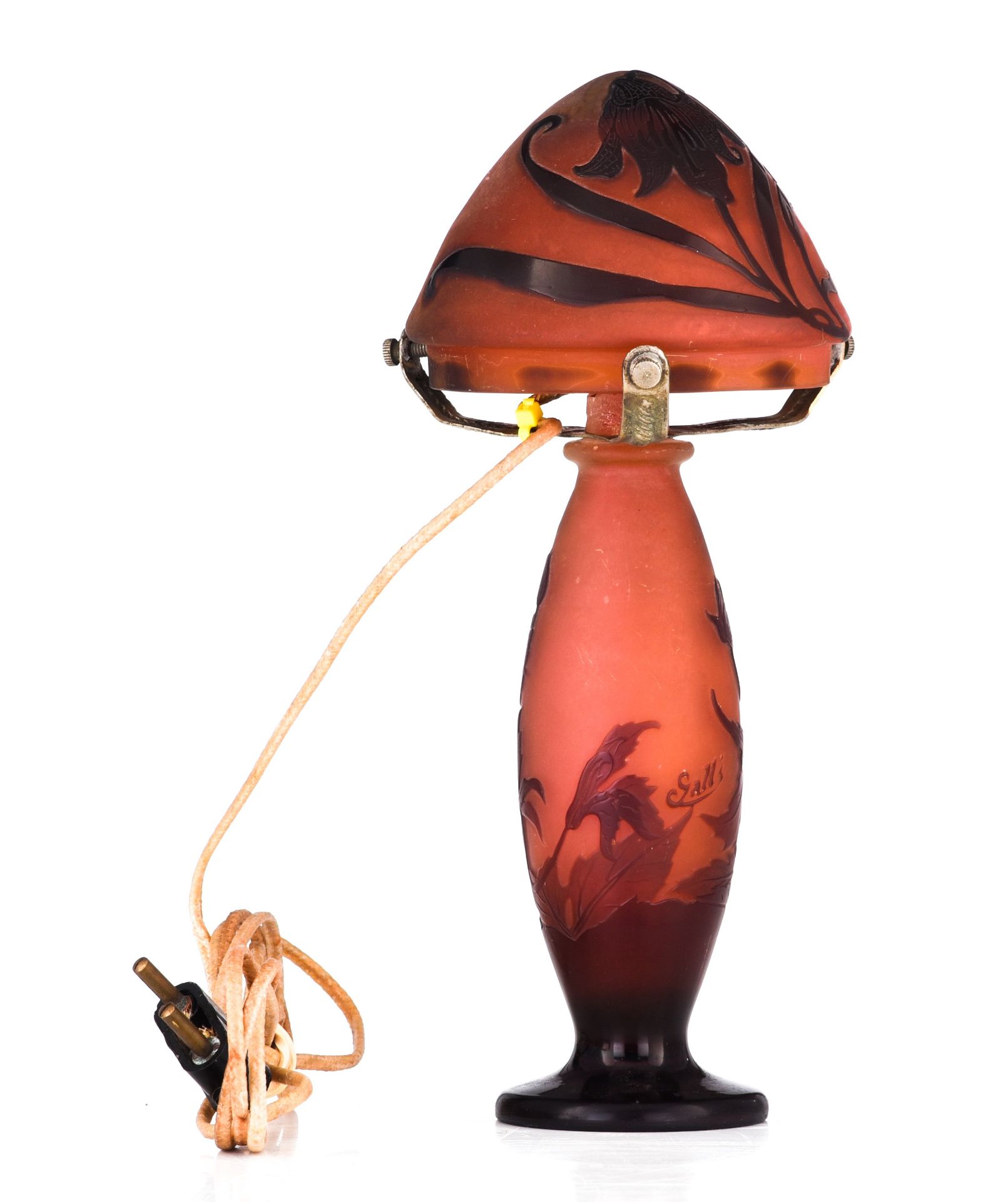 Emile Galle (1846-1904), a glass paste Art Nouveau floral table lamp, H 22 cm - Image 4 of 10