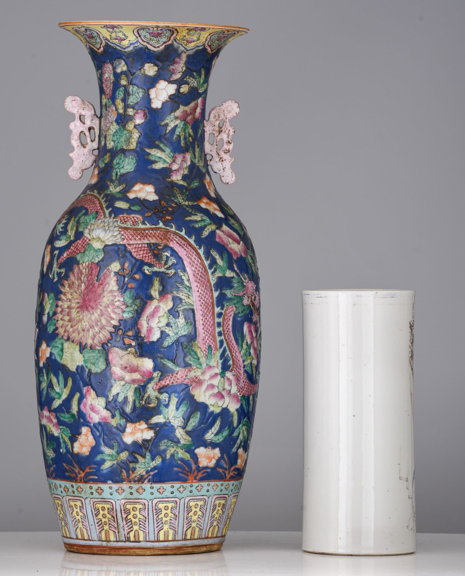 A Chinese famille rose vase, 19thC, H 57 cm - and a famille rose cylindrical vase, with a signed tex - Image 4 of 7