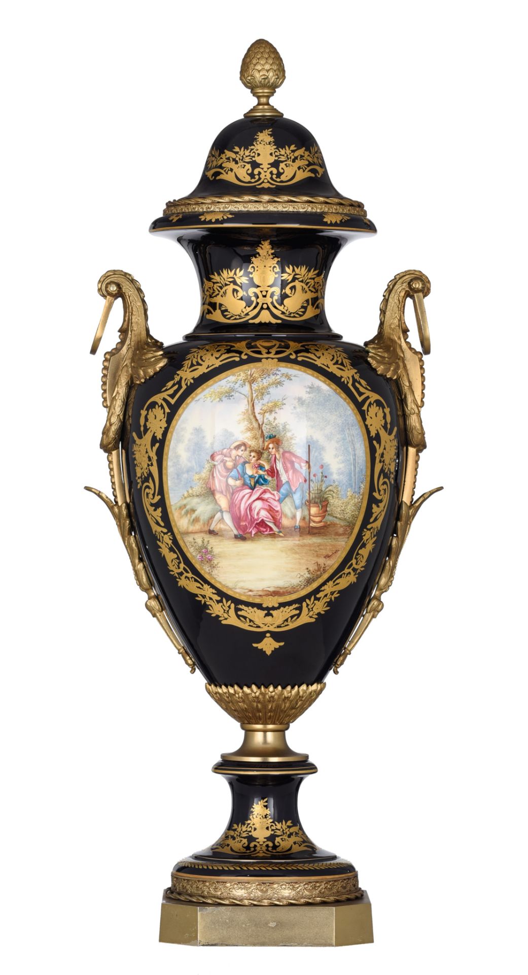 A large bleu royal ground Sevres type vase with gilt bronze mounts, 20thC, H 98 cm