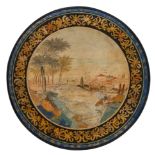 An Italian scagliola circular tabletop, a marble ground with hand-painted central pastoral scene, ca