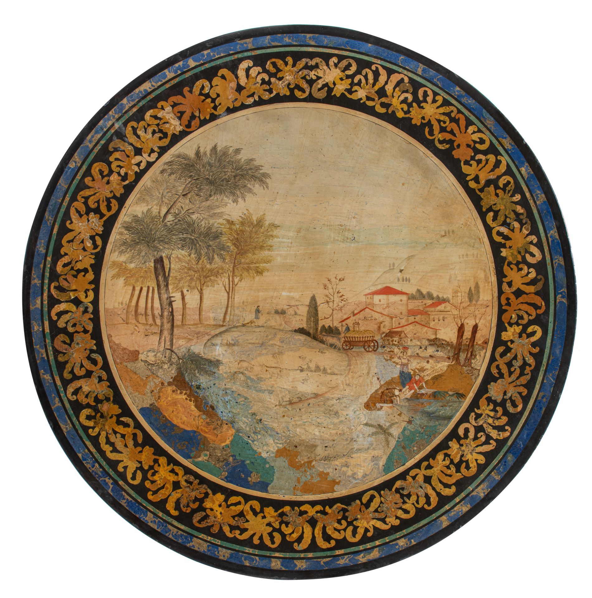 An Italian scagliola circular tabletop, a marble ground with hand-painted central pastoral scene, ca