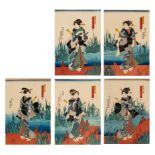 Five Japanese woodblock prints by Toyokuni III, portraits of courtesans, ca. 1856